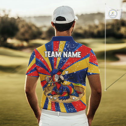 Male golfer modeling colorful parrot golf polo during championship event, premium golf clothing for golf lovers, travelers and wildlife enthusiasts. Represents confidence, intelligence and adventurous spirit.