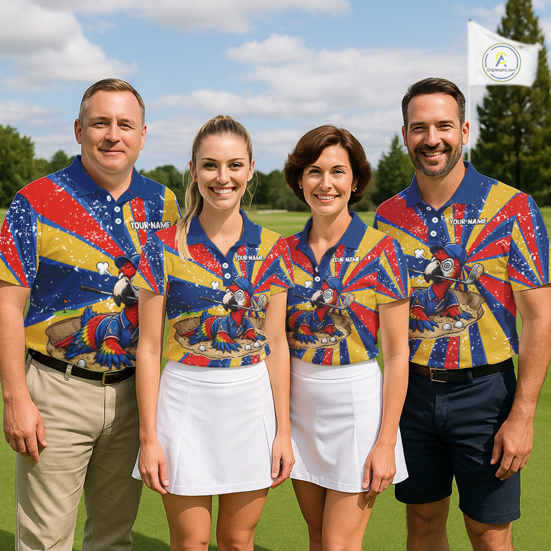 Personalized golf team wearing matching colorful parrot golf polos during tournaments and golf outings. S