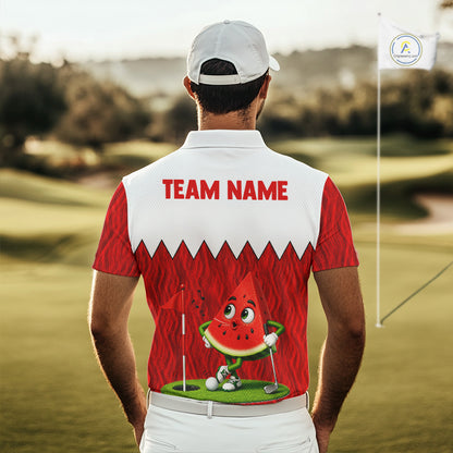 Male golfer wearing watermelon golf polo on the course, premium moisture-wicking golf apparel for golf tournaments, vacation golf and charity golf events.