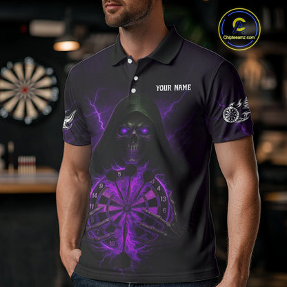 Custom Lightning Purple Bone Skeleton Dartboard Dart Men Polo Jerseys Dart Shirt Gifts NYN1650