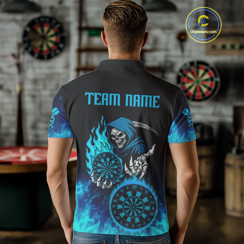 Custom Blue Flames Dartboard Horror Grim Reaper Dart Men Polo Jerseys Outfits Dart Shirt NYN1658