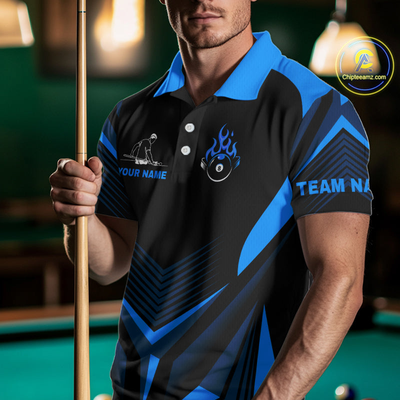 Blue Flaming 8 Ball Pool Polo & 1/4-Zip Team Shirt For Men Custom Billiards Ball Apparel NYN2465
