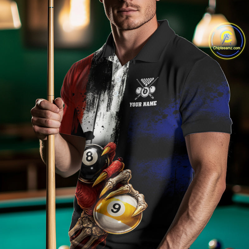 Skull Hoding 9 Ball & 8 Ball Pool Men Billiard Team Shirt Custom Blue & Red Billiards Ball Apparel NYN2468