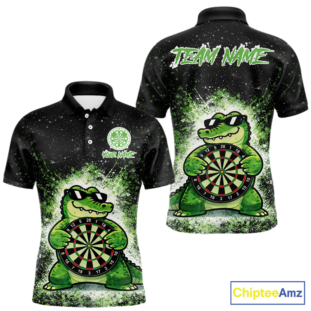 White And Green Funny Crocodile Hold Dartboard Dart Polo Shirts For Men Custom Dart Team Shirts NYN2675