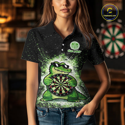 White And Green Funny Crocodile Hold Dartboard Dart Polo Shirts For Women Custom Dart Team Shirts NYN2675