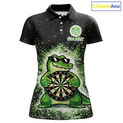 White And Green Funny Crocodile Hold Dartboard Dart Polo Shirts For Women Custom Dart Team Shirts NYN2675