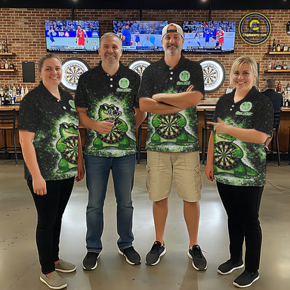 White And Green Funny Crocodile Hold Dartboard Dart Polo Shirts For Women Custom Dart Team Shirts NYN2675