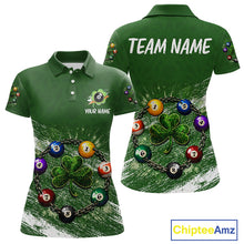 Load image into Gallery viewer, White Green Grunge Shamrock 8 Ball Women Billiards Shirt Personalized St Patrick's Day Pool Balls Shirt NYN2678