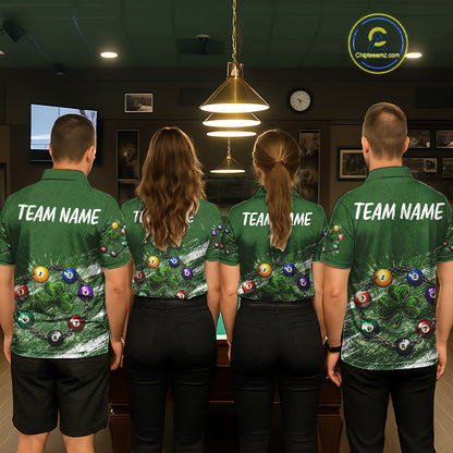 White Green Grunge Shamrock 8 Ball Men Billiards Shirt Personalized St Patrick's Day Pool Balls Shirt NYN2678