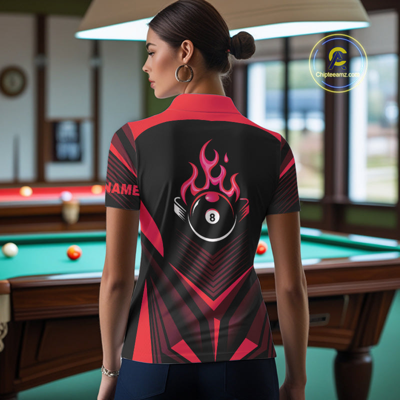 Red Flaming 8 Ball Pool Polo & 1/4-Zip Team Shirt For Women Custom Billiards Ball Apparel NYN2831