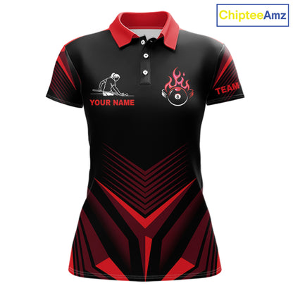 Red Flaming 8 Ball Pool Polo & 1/4-Zip Team Shirt For Women Custom Billiards Ball Apparel NYN2831