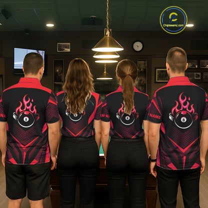 Red Flaming 8 Ball Pool Polo & 1/4-Zip Team Shirt For Men Custom Billiards Ball Apparel NYN2831