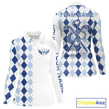 Load image into Gallery viewer, Womens Blue Argyle Pattern Golf Shirts Argyle Golf Clothing Custom Blue Golf Polo, Best Golf Gifts NYN3051