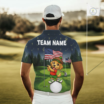Man wearing patriotic Golden Retriever golf polo shirt with American flag design
