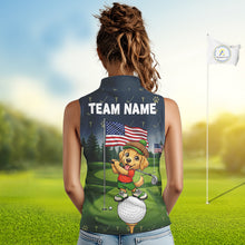 Load image into Gallery viewer, Woman wearing patriotic Golden Retriever golf sleeveless polo shirt with American flag design