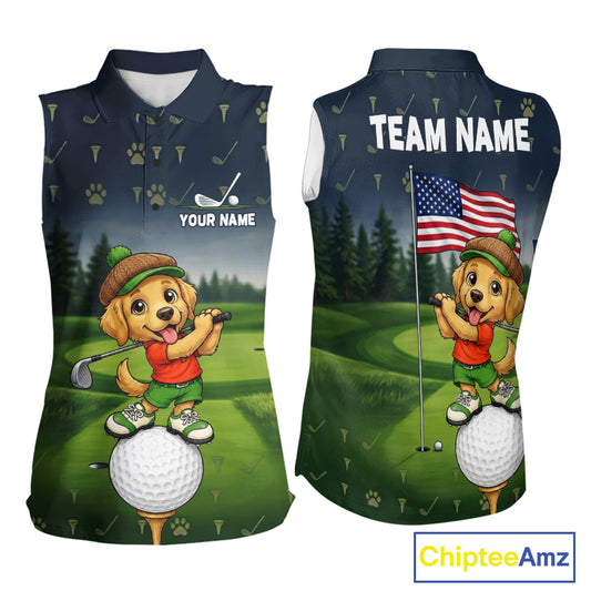 Women's American Flag Golden Retriever golf sleeveless polo shirt mockup patriotic golf team outfit