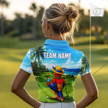 Load image into Gallery viewer, Woman wearing tropical parrot golf polo shirt during summer golf outing