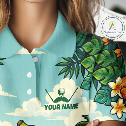 Woman wearing banana golfer golf polo shirt on golf course