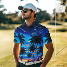 Load image into Gallery viewer, Man wearing tropical sunset palm tree golf polo shirt during golf outing