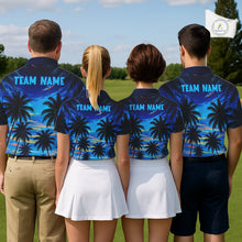 Load image into Gallery viewer, Men's golf team wearing tropical sunset palm tree golf polo shirts