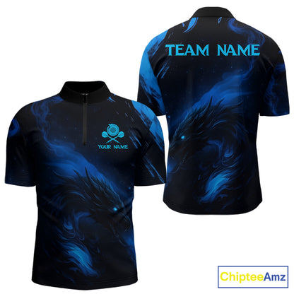Personalized Black And Blue Flames Dragon Dart Quarter-Zip Shirts For Men Dart Team Jerseys NYN2188