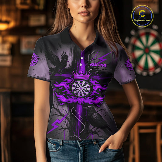 Personalized Raven Purple Flames Crown Darts Polo Shirts For Women Cross Dart Gothic Jerseys NYN2195