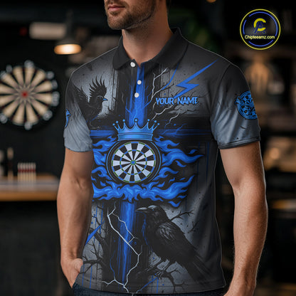 Personalized Raven Blue Flames Crown Darts Polo Shirts For Men Cross Dart Gothic Jerseys NYN2196
