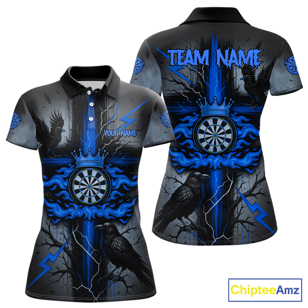 Personalized Raven Blue Flames Crown Darts Polo Shirts For Women Cross Dart Gothic Jerseys NYN2196