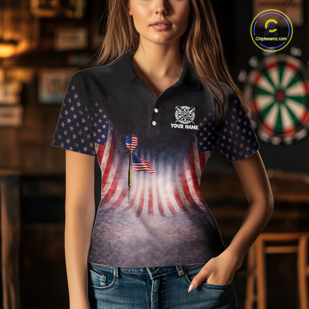 American Flag Grunge Dart Arrow Patriotic Dart Polo Shirts For Women Custom Name For Dart Players NYN2685