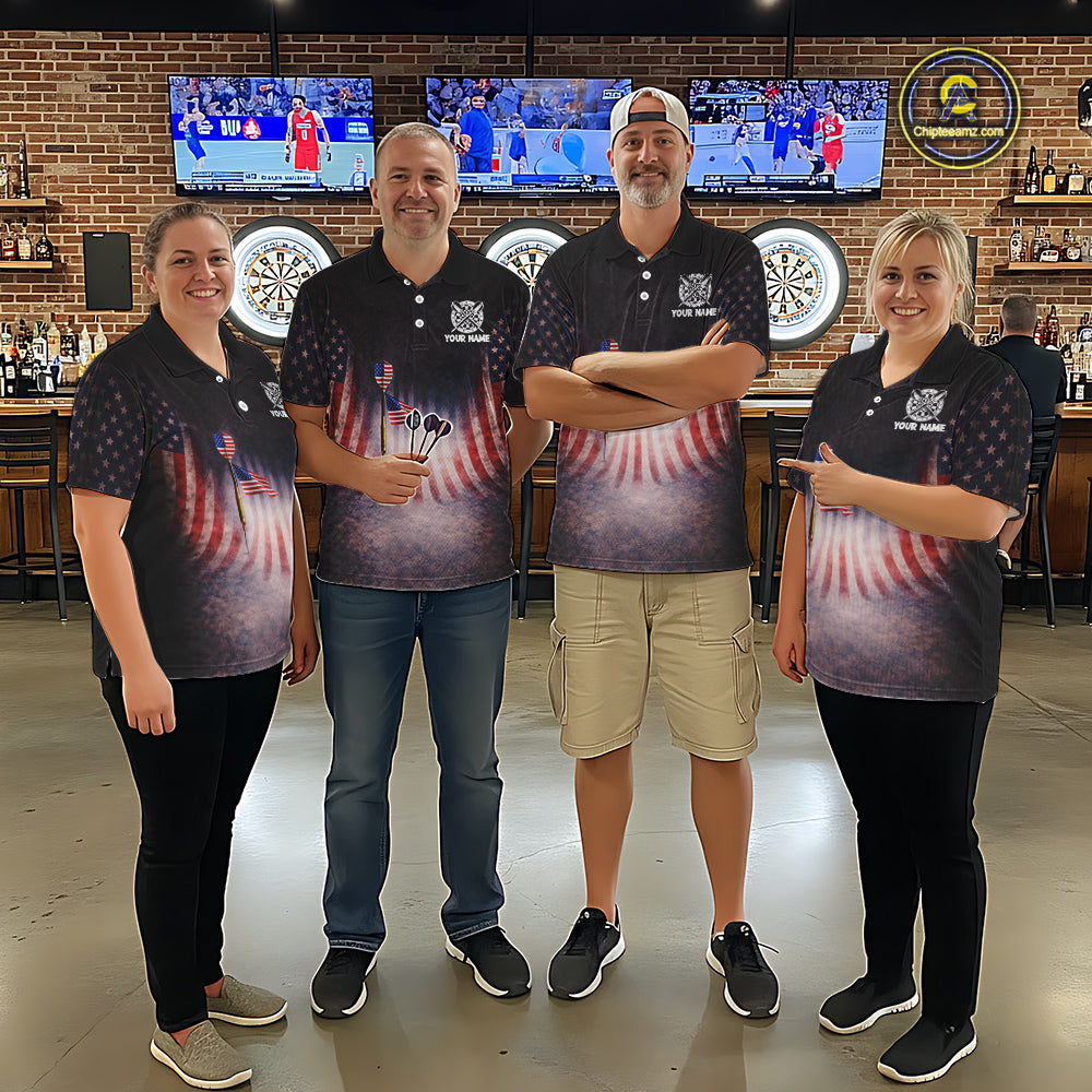 American Flag Grunge Dart Arrow Patriotic Dart Polo Shirts For Men Custom Name For Dart Players NYN2685