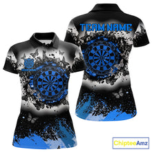 Load image into Gallery viewer, Women's white blue black grunge butterfly dart polo shirt mockup custom dart team jersey