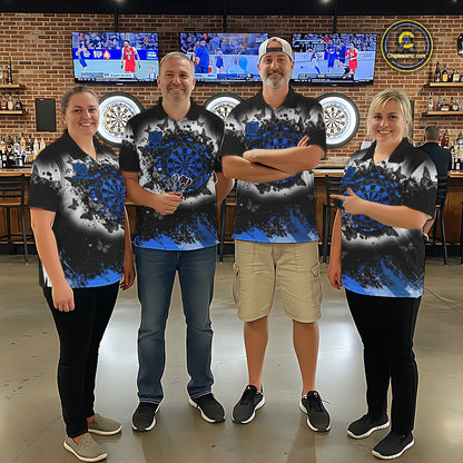 Mens dart team wearing white blue black grunge butterfly dart jerseys tournament apparel