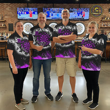 Load image into Gallery viewer, Men's dart team wearing white purple black grunge butterfly dart jerseys tournament apparel