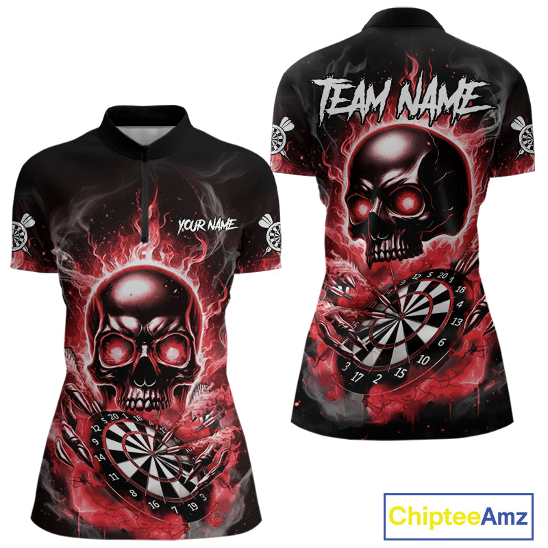 Custom Fire Flame Dartboard Lightning Red Skull Dart Women Quarter-Zip Jerseys Dart Team Shirt NYN1673