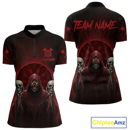 Custom Red Grim Reaper Grey Skull Dartboard Women Darts Quarter-Zip Shirt Grunge Dart Jerseys NYN1935