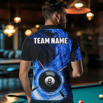 Personalized Blue 8 Ball Fire Flame Billiard Polo & 1/4-Zip For Men 8 Ball Pool Team Jersey NYN2847