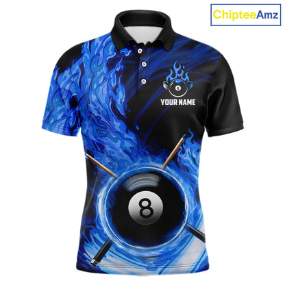 Personalized Blue 8 Ball Fire Flame Billiard Polo & 1/4-Zip For Men 8 Ball Pool Team Jersey NYN2847