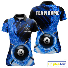 Load image into Gallery viewer, Personalized Blue 8 Ball Fire Flame Billiard Polo &amp; 1/4-Zip For Women 8 Ball Pool Team Jersey NYN2847