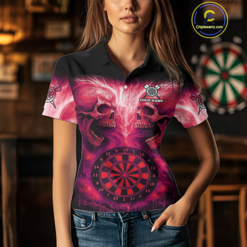 Electric Red Skulls & Dartboard Darts Shirt For Women - Custom Dart Player Jersey NYN0540