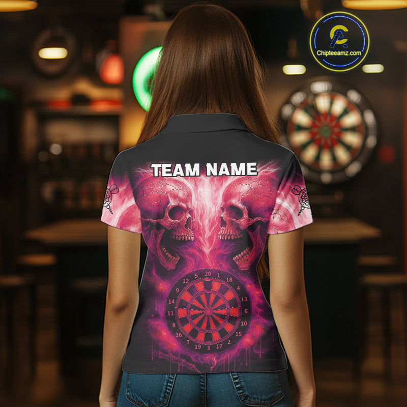 Electric Red Skulls & Dartboard Darts Shirt For Women - Custom Dart Player Jersey NYN0540