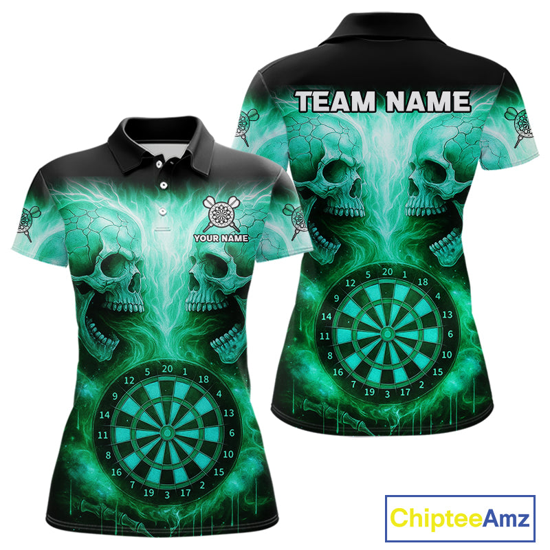Electric Green Skulls & Dartboard Women's Darts Shirt - Custom Name For Players NYN0541