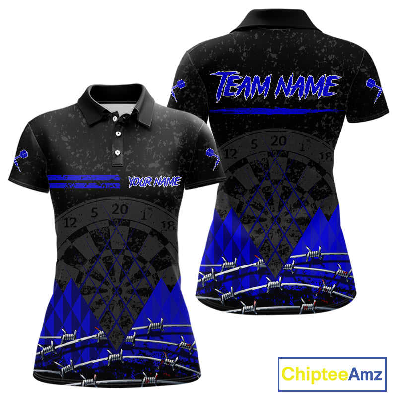 Barbed Wire & Grunge Dartboard Blue Darts Shirt  For Women - Custom Name For Players NYN0547