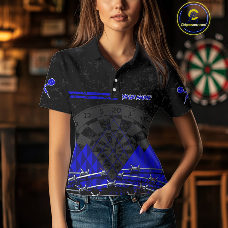 Barbed Wire & Grunge Dartboard Blue Darts Shirt  For Women - Custom Name For Players NYN0547