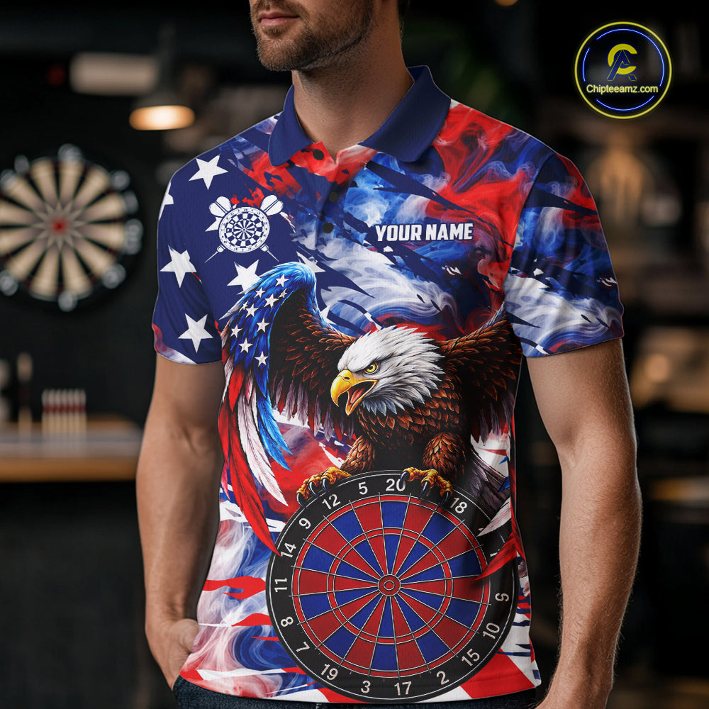 Male dart player wearing Smoke American Flag custom dart shirt, professional dart league apparel and tournament jersey