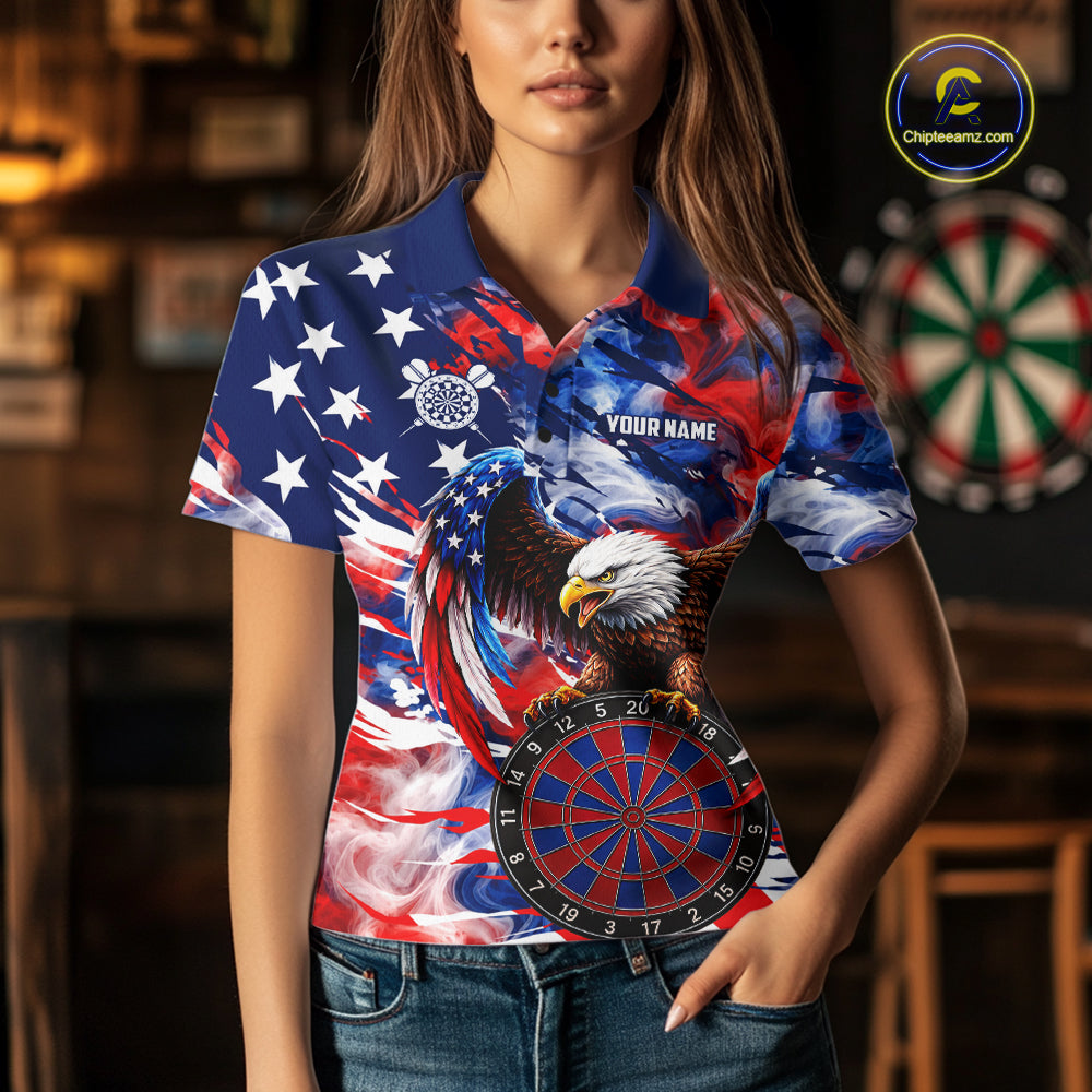 Female dart player wearing Smoke American Flag custom dart shirt, professional dart league apparel