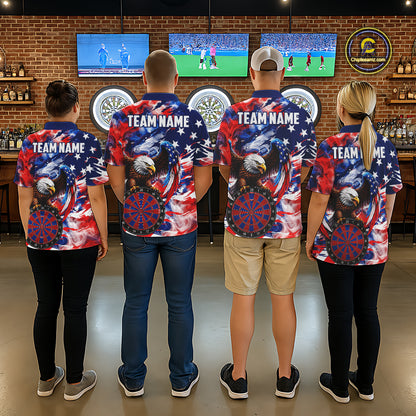 Men Women dart team wearing Smoke American Flag custom dart jerseys and matching team uniforms