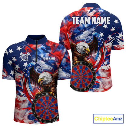 Smoke American Flag men's quarter zip dart shirt custom patriotic dart jersey, professional dart team uniform, league dart apparel