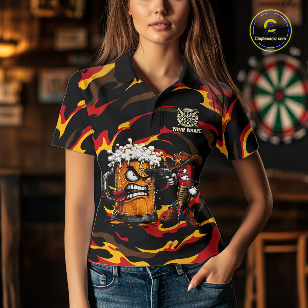 Female dart player wearing Angry Beer Cowboy custom dart shirt, competitive dart apparel