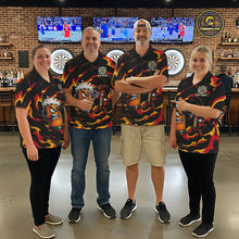 Load image into Gallery viewer, Men Women dart team wearing Angry Beer Cowboy custom dart jerseys during league play