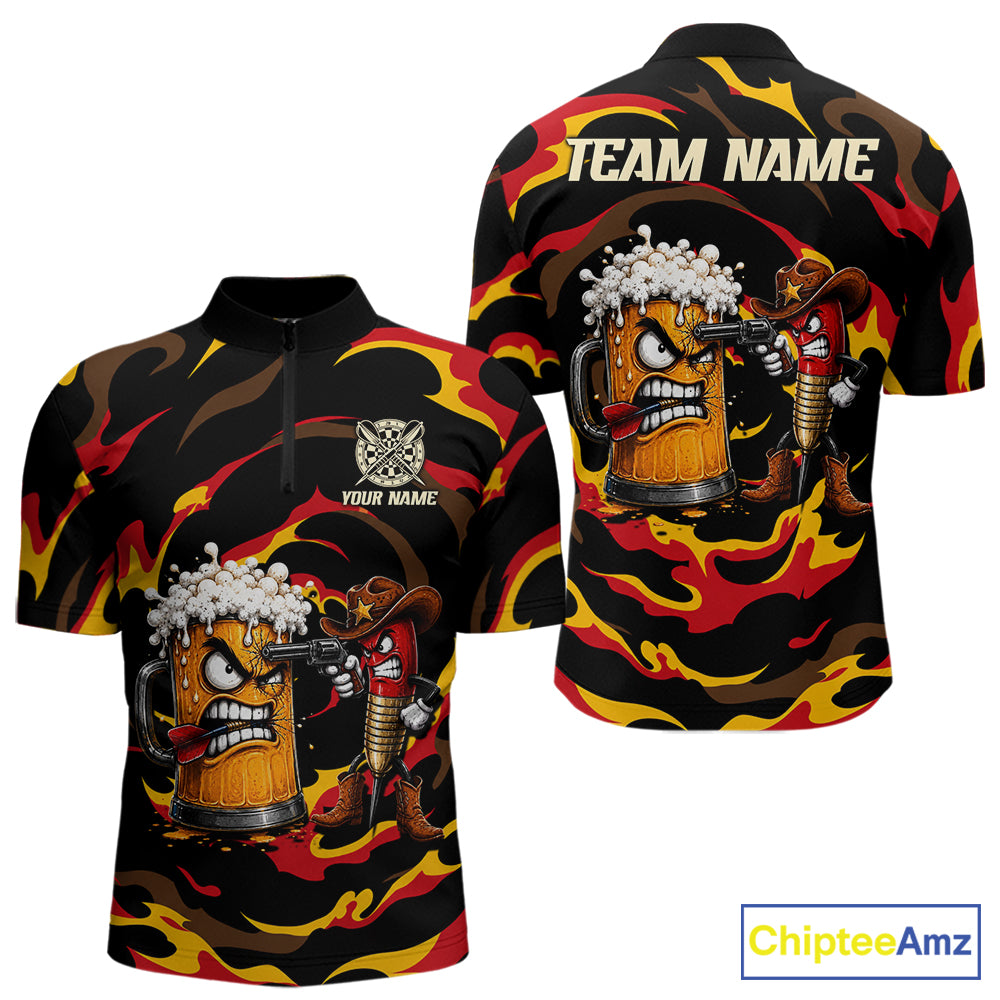 Angry Beer Cowboy men's quarter zip dart jersey custom grunge dart uniform, personalized dart apparel, competitive dart shirt